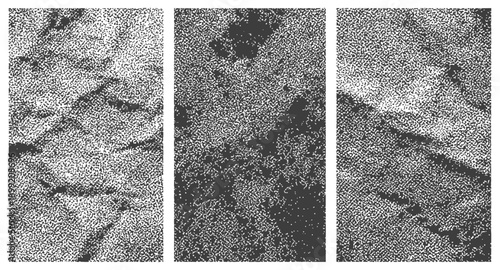 Three Stippled Grain Texture Panels Set Monochrome Black and White Grunge Background Vector Overlay