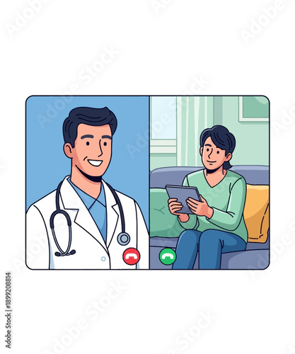 A friendly smiling male doctor in a white coat communicates with a patient via video call interface for remote healthcare consultation on white background