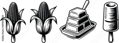 Vintage Style Black and White of Corn Cobs, Ice Cubes, and Popsicle