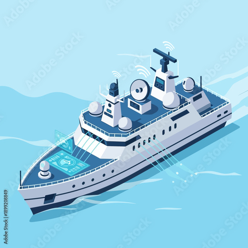 Luxury yacht sailing on calm blue waters with advanced navigation equipment.