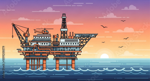 Offshore oil rig platform in the ocean at sunset.