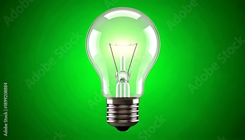 A glowing, clear light bulb against a vivid green backdrop, representing an idea or innovation. Filament visible