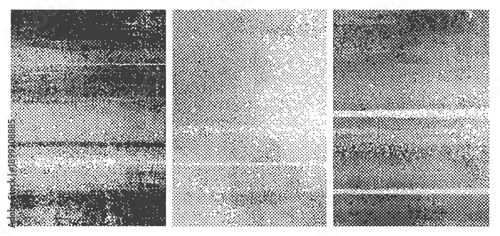 Black and White Halftone Grunge Glitch Texture Set Retro Distressed Overlay Background Static Effect Screen Printing Dot Pattern Vector