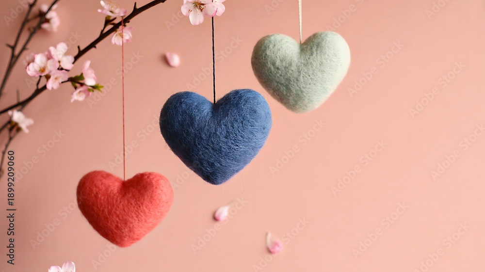 Obraz premium Hanging heart ornaments with spring blossom background 