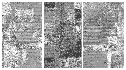 Triple Panel Vector Grunge Texture Set Distressed Hatching Lines Grain Noise Overlay Black and White Vintage Effect Background