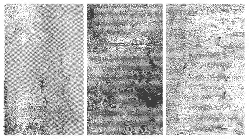 Three Grunge Vector Textures Set Halftone Hatching Stipple Black and White Distressed Background Overlays