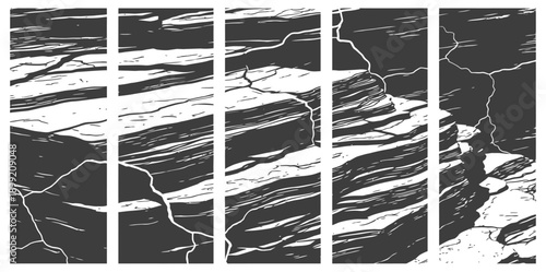 High Contrast Vector Illustration of Cracked Layered Rock Cliff Face Split into Vertical Panels