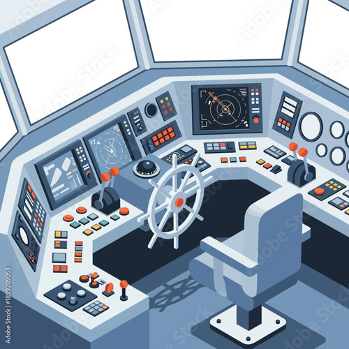Ship Bridge Control Room with Navigation Equipment and Instruments.