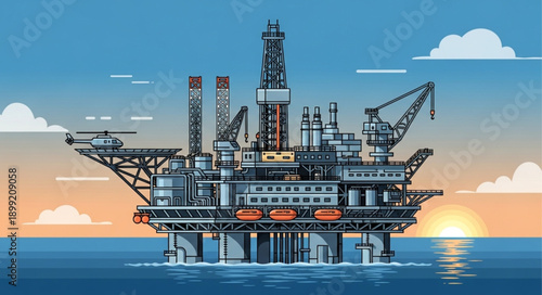Offshore oil rig platform in the ocean at sunset.