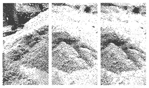 Halftone Grunge Texture Set Three Vector Panels Monochrome Distressed Overlay Background
