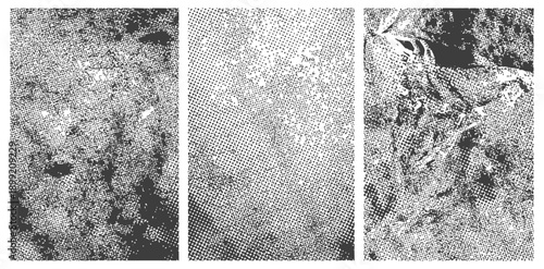 Set of Three Vector Distressed Halftone Grunge Textures Retro Overlay Background Pack Black White