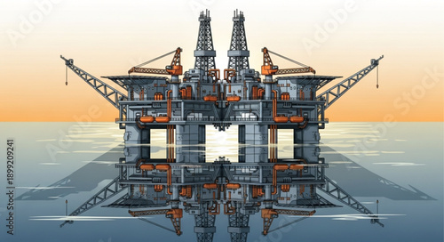 Offshore oil rig platform in the ocean at sunset.