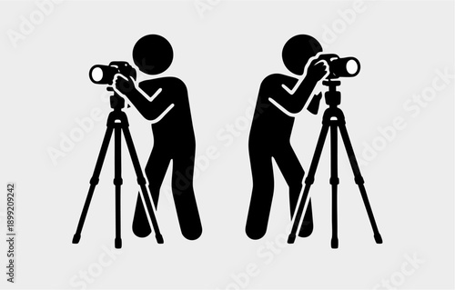 Professional photographer using dslr camera on tripod for stable shooting icon set