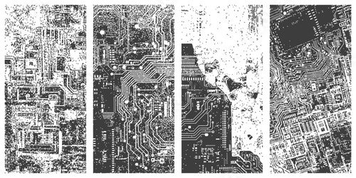 Black and White Grunge Circuit Board Vertical Textures Set Distressed Technology Background Vector Overlays