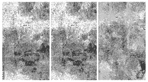 Abstract Grungy Texture Triptych Vector Set Black and White Distress Halftone Overlay Backgrounds