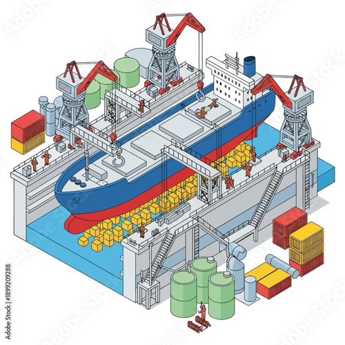 Cargo ship docked at a busy industrial port facility.