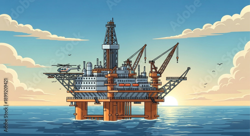 Offshore oil rig platform in the ocean at sunset.