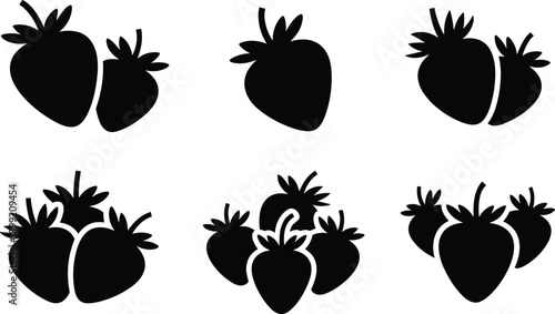 Black strawberry fruit silhouette icon set showing single and grouped berries isolated on white background for agriculture food design and healthy nutrition concepts