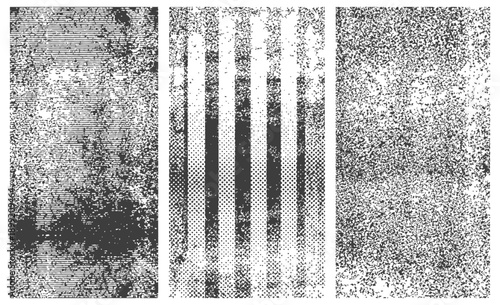 Three Monochrome Distressed Vector Textures Set Grungy Background Overlays with Noise Halftone Dots Scan Lines and Vertical Stripes
