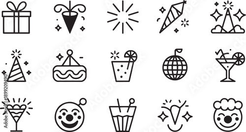 Set of celebration and party icons with drinks and gifts