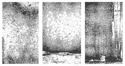 Set of Three Black and White Grunge Vector Textures Distressed Overlay Background Elements