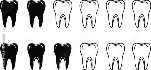 Tooth silhouette set isolated on white background, black and outline dental icons collection for dentistry, oral health, medical and design use