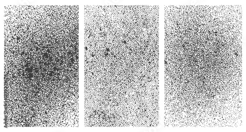 Three black and white distressed grunge textures vector set with grainy splatter dust and subtle halftone overlay effects