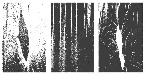 Three black and white vertical grunge textures set distress overlay grain noise scratches abstract background vector pack