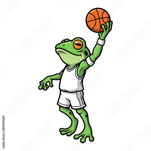 Cartoon frog playing basketball, cute green amphibian athlete holding ball, funny animal sports mascot character, vector illustration isolated on white background