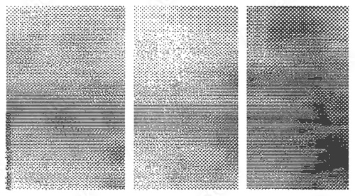 Three Monochrome Halftone and Line Gradient Textures Set Grunge Screen Print Overlay Backgrounds Vector