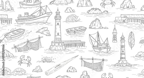 Artistic Lighthouse Illustrations, Nautical Vessels, Marine Life, Coastal Scenery, Line Art Design