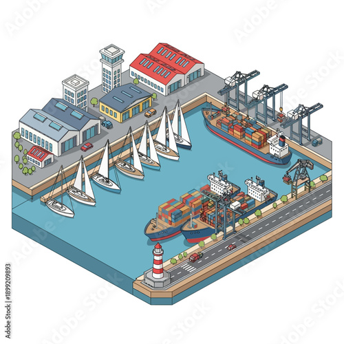 Isometric illustration of a bustling industrial harbor with cargo ships and cranes.