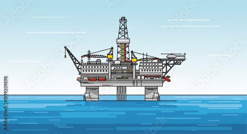 Offshore oil rig platform in the ocean illustration.