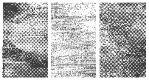 Set of 3 Black and White Grunge Textures Distressed Halftone Scratch Noise Overlays Vector Graphic Resource