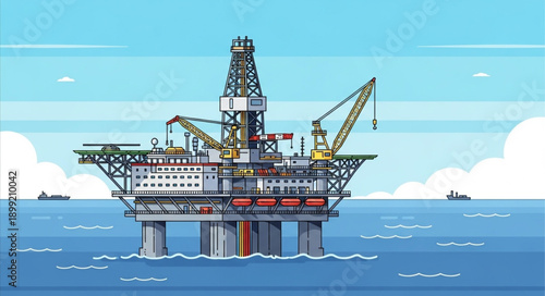 Offshore oil rig platform in the ocean illustration.