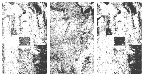 Three Black and White Grunge Textures Set Distressed Vector Overlay Pack Abstract Noise Grain Background