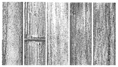 Black and White Bamboo Wood Grunge Halftone Texture Vertical Panels Set Vintage Distressed Background