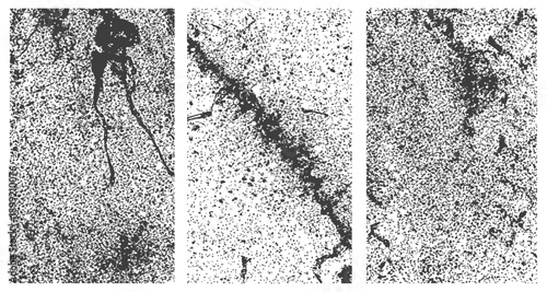 Three black and white vector grunge textures set with cracks and fine grain distress effect overlay for vintage design backgrounds