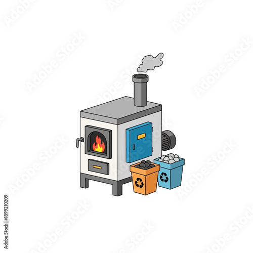 Incinerator burning waste with recycling and trash bins nearby.