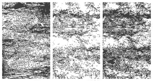 Three vertical vector grunge texture overlays set Black and white distressed abstract backgrounds scratches and dust effect