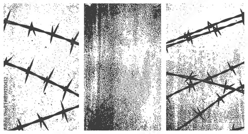 Black and white grunge vector set with distressed barbed wire and halftone texture backgrounds