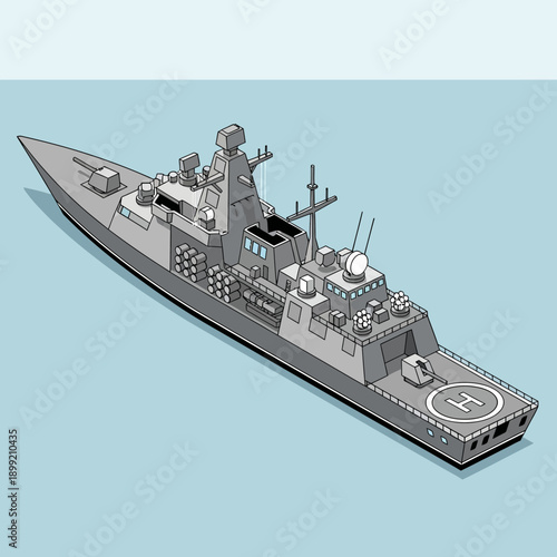 Modern Naval Warship with Advanced Radar Systems and Helicopter Deck.