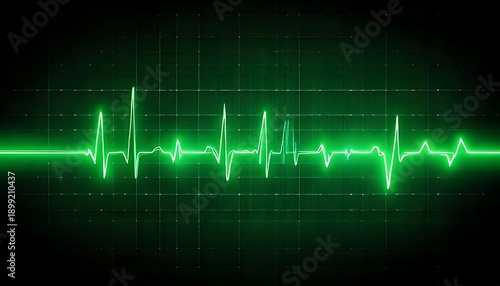 A glowing green ECG readout displays a heartbeat pattern against a dark background, indicating vital signs