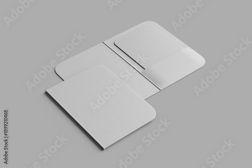 blank vertical hotel guest room entry access key card holders with rounded rectangle slipcase 3d render mockup template design flat lay perspective view