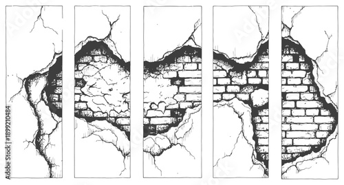 Broken Wall Reveal Vector Set Cracked Plaster Exposing Brick Structure Hand Drawn Grunge Monochrome Sketch