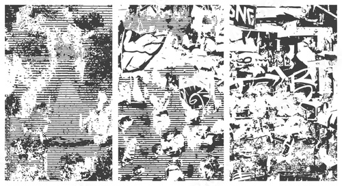 Black and White Urban Wall Ripped Paper Poster and Graffiti Overlay Vector Textures Set