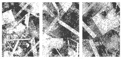 Set of three black and white abstract geometric grunge textures Grainy distressed backgrounds for graphic design overlays
