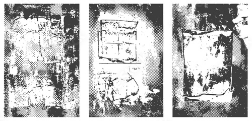 Set of 3 Vector Distressed Halftone Grunge Textures Black and White Torn Poster Residue Background Elements for Urban Design Overlay