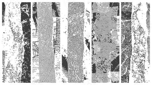 Black and White Abstract Glitch Texture Background with Vertical Distressed Grunge Strips and Halftone Lines