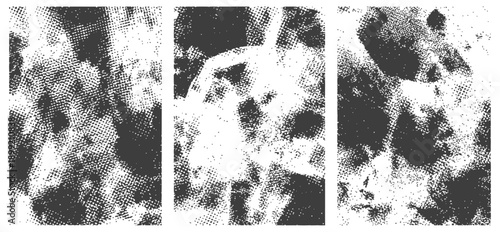 Set of Three Abstract Grunge Halftone Textures Vector Overlay Templates Vintage Distressed Grainy Backgrounds Black and White